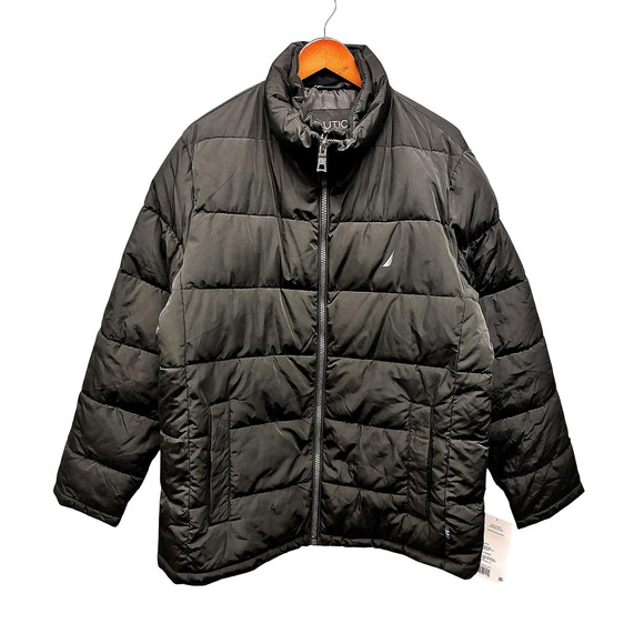 Nautica Men's Large Bibbed Puffer Coat Black Water Wind Resistant NWT